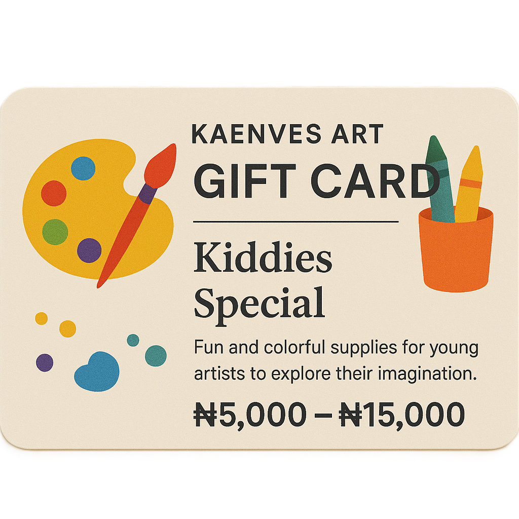 Gift card for Kaenves Art with art supplies illustration on a beige background